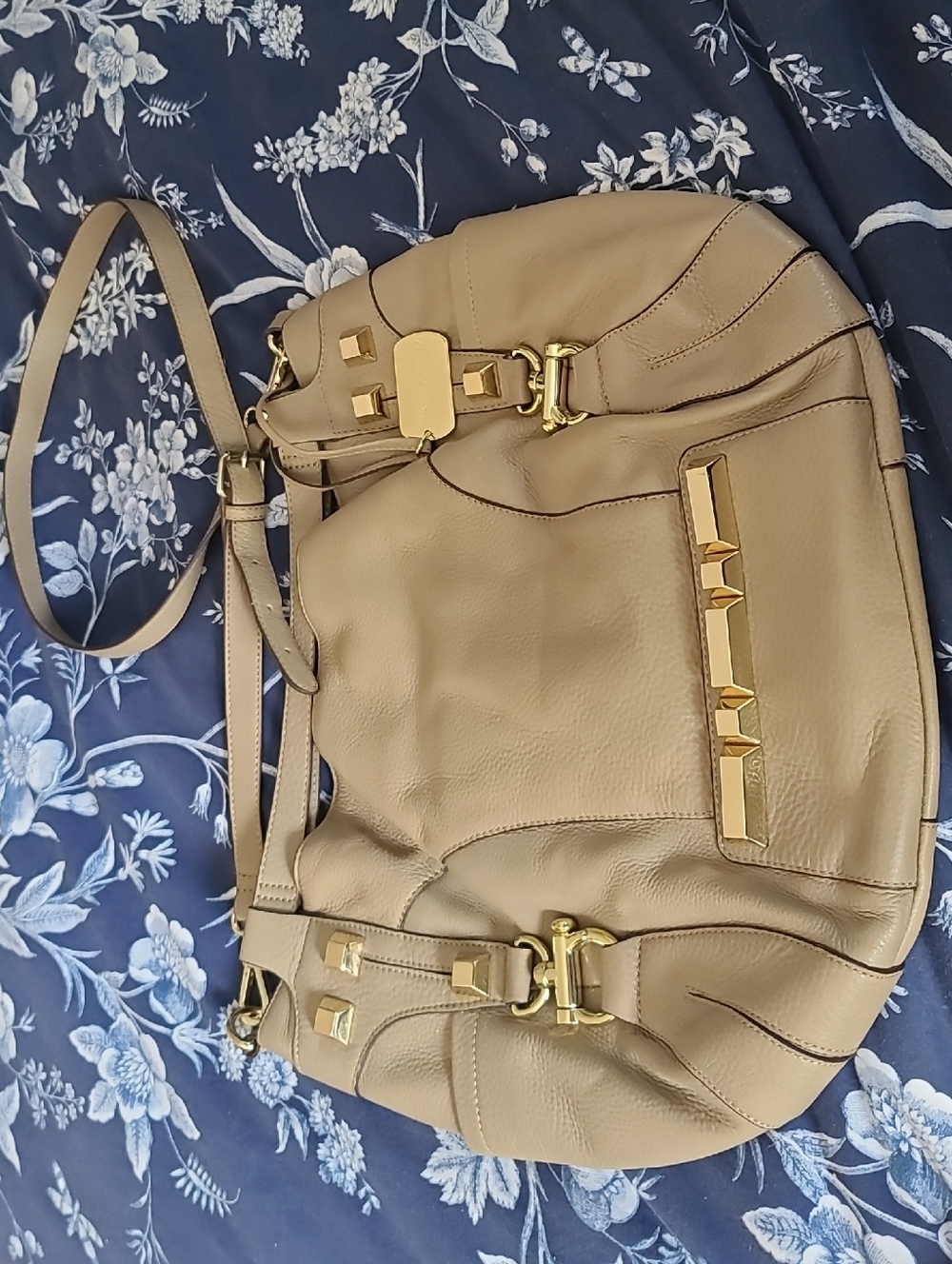 Vince Camuto Taupe Leather Shoulder Bag with Gold Hardware